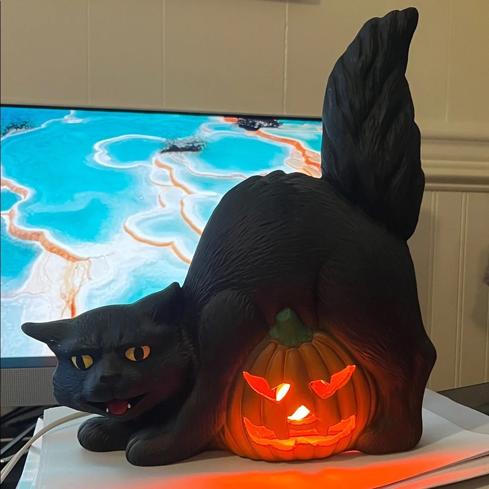 Vintage Ceramic Light up Halloween cat & pumpkin