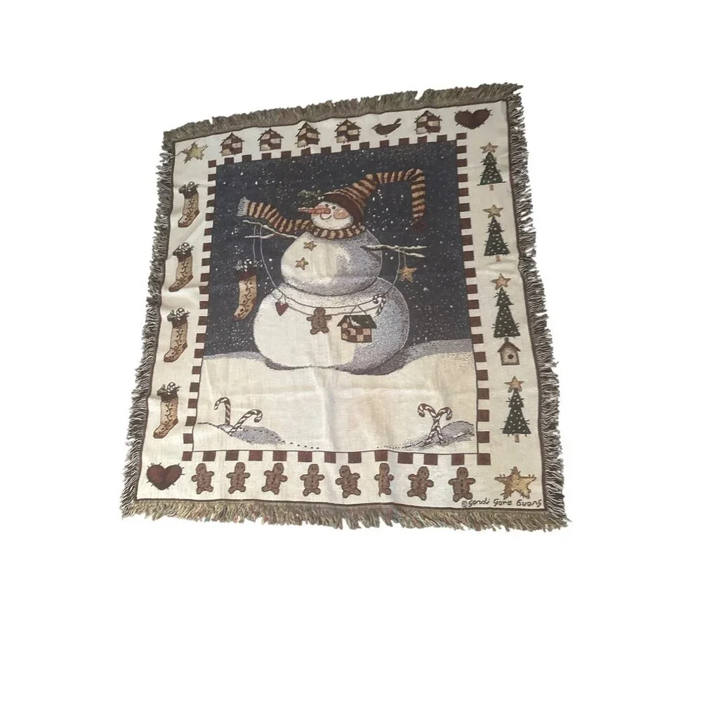 Sandra Gore Evans Woven Tapestry Throw Blanket Snowman & Cat Design 50