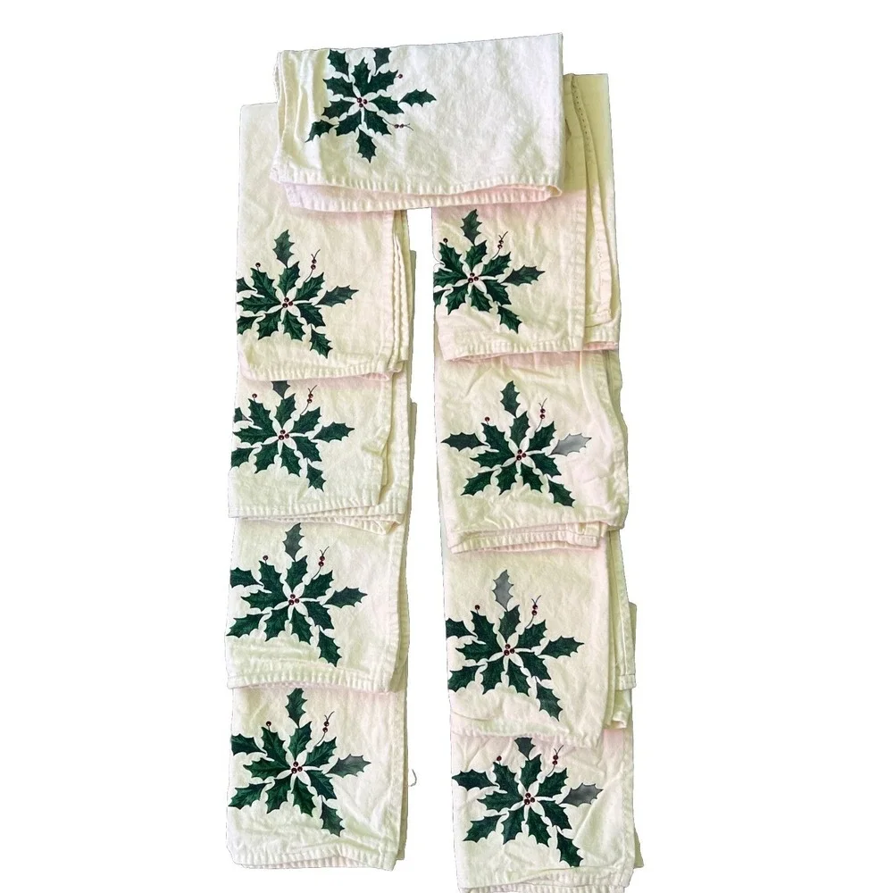 Christmas Vintage Napkins Fabric‎ Linens Holly Cream Beige 17 x19