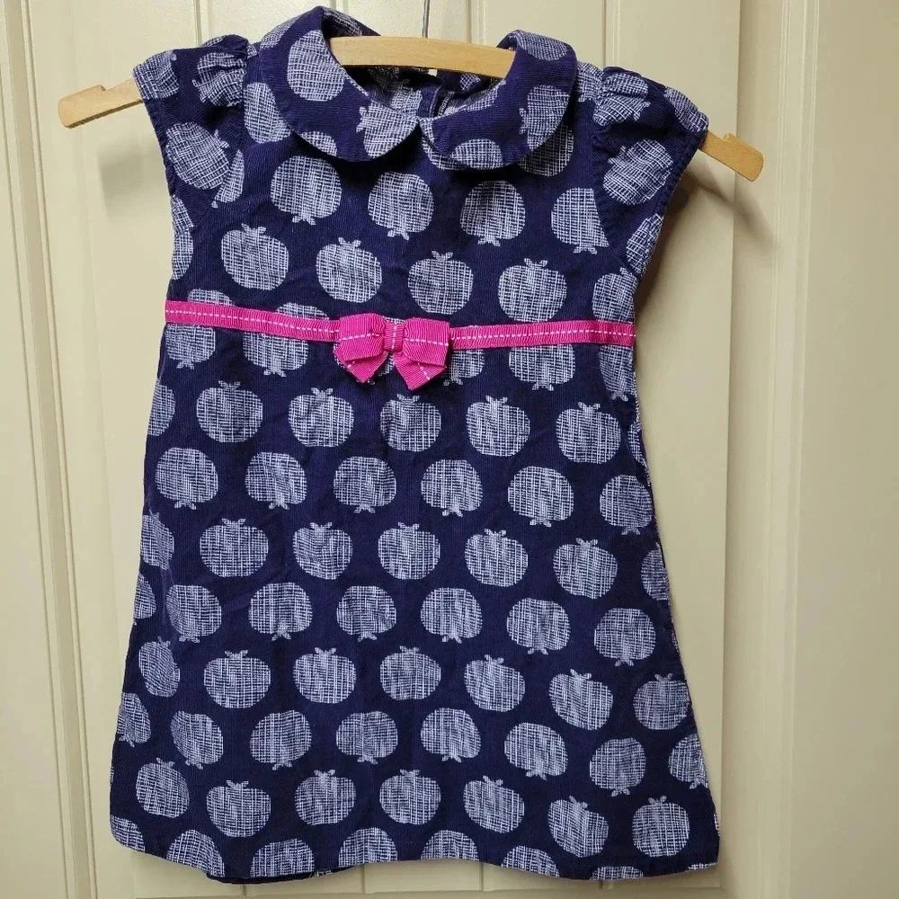 Gymboree Girls Size 4T Dress Navy Blue Apples Pink Ribbon Waist
