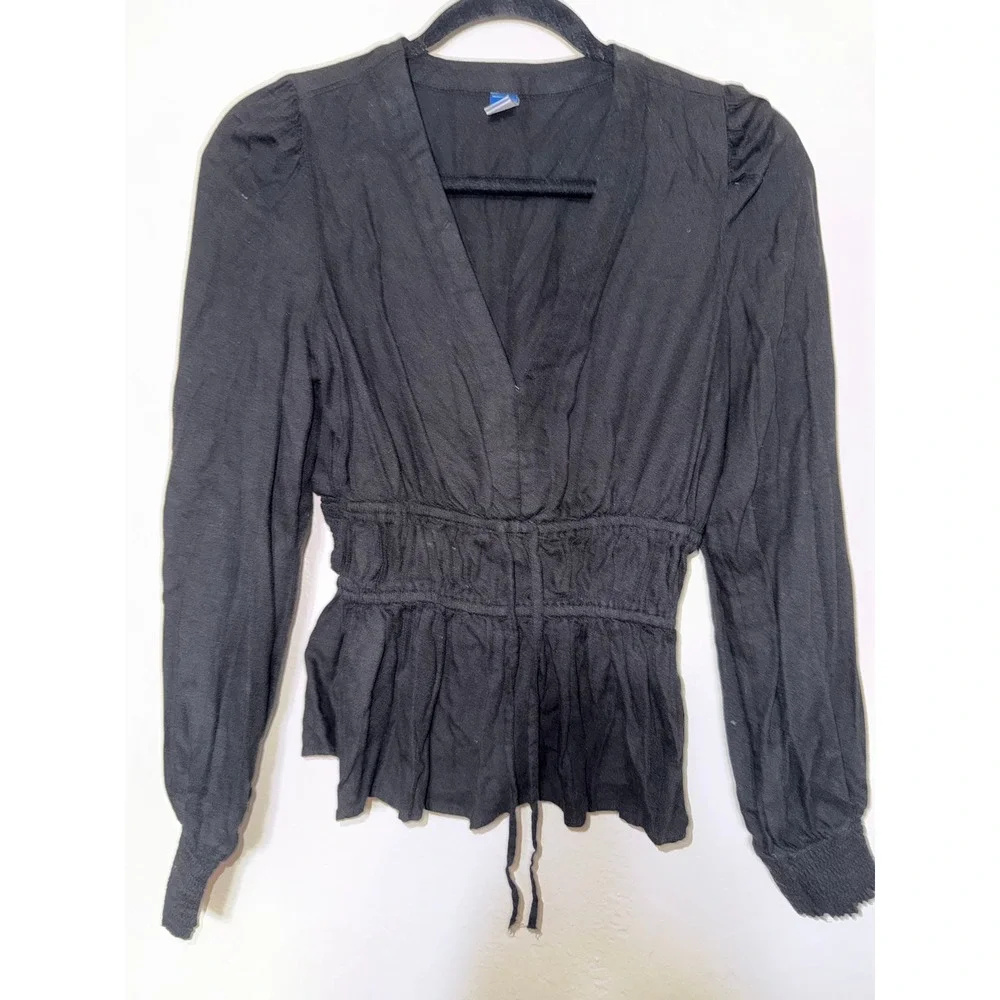 Old Navy Black Long Sleeve Peplum Blouse‎ V Neck Cinched Waist Tie Front Size S