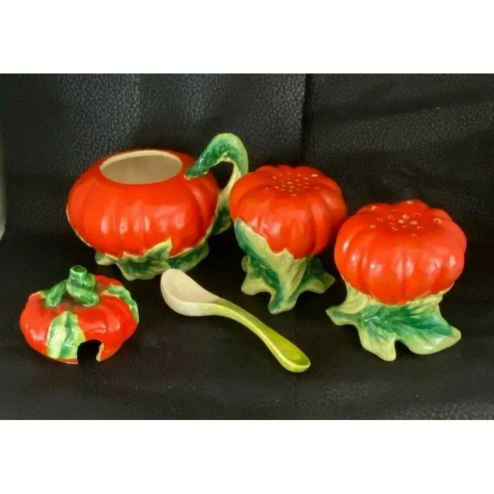 Vintage Pumpkin Tomato Salt Pepper Cream & Sugar 5‎ Pc Set - Made In Japan