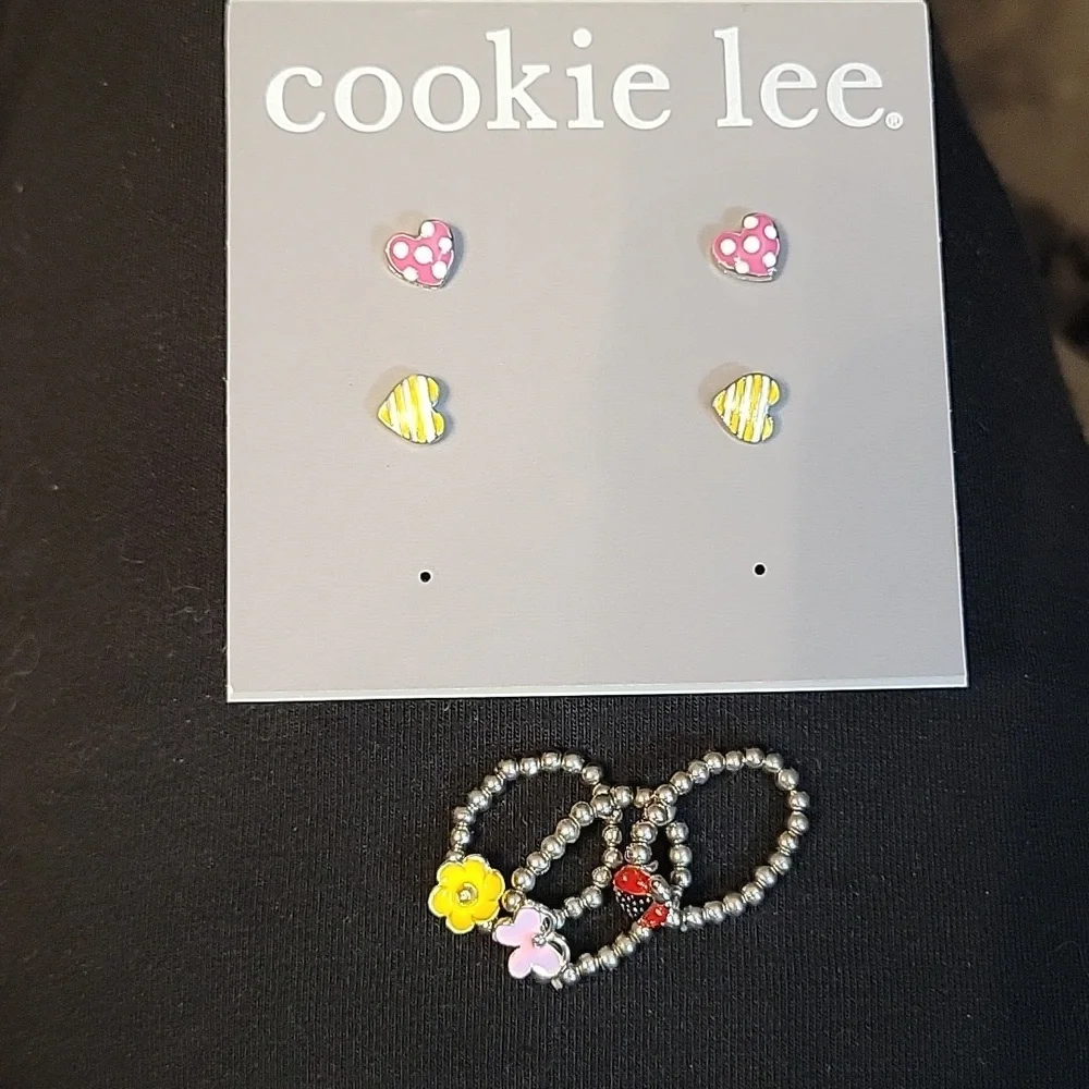 Cookie Lee Girls earings and rings hearts, flowers, butterfly, lady bug, 5 piece