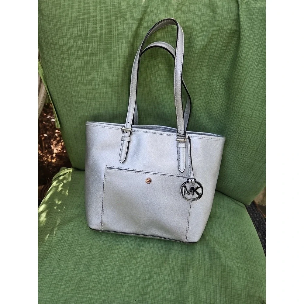 Michael Kors Jet Set Silver Metallic Tote Bag Purse Satchel MK‎ Logo Large