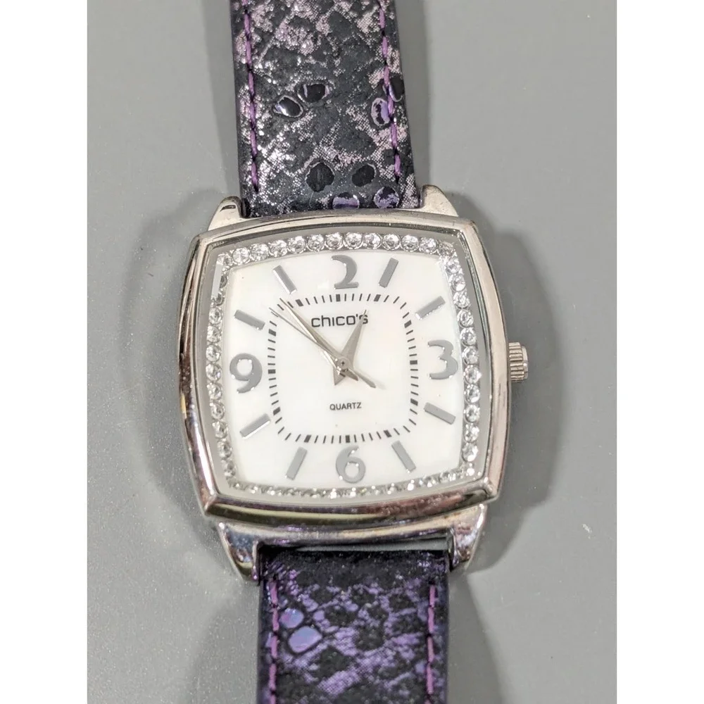 Chicos Womens Quartz Watch With Rhinestone Accents & Purple Leather Strap‎