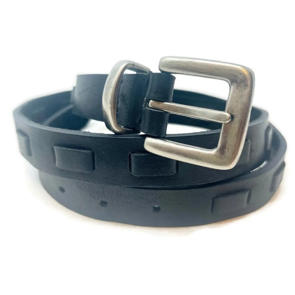 Leather‎ Woven Geometric Contemporary Black Belt w/ Silver Toned Buckle