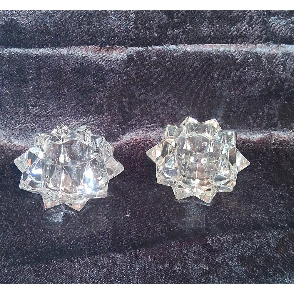 Set of 2 Crystal Starburst Tea Light Holders Vintage‎ Glass Votive Candlesticks
