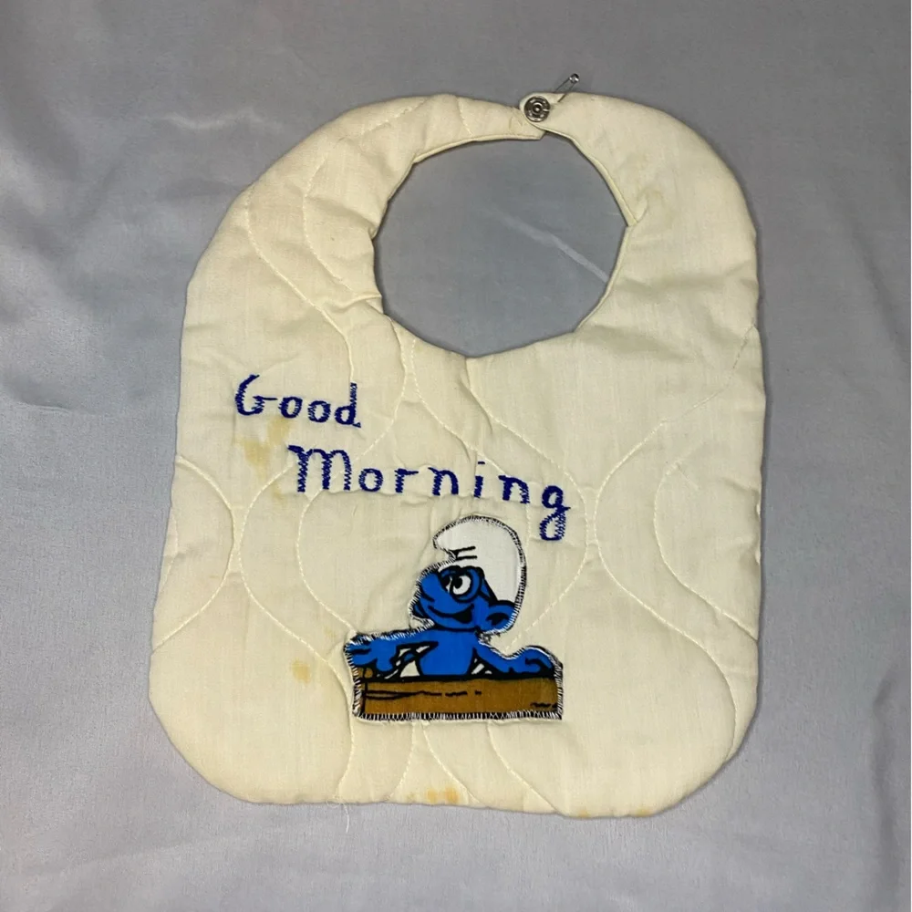 Vintage Smurfs Baby Bib 1980s Hand Embroidered‎