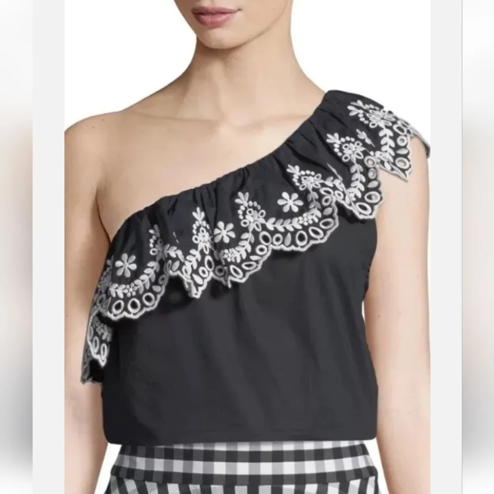 Kate Spade NY Women's Black White Eyelet Asymmetrical Sleeveless Top Size XXS‎