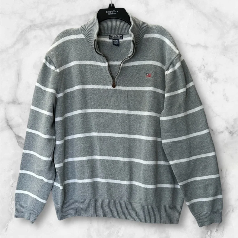 Vintage Polo Ralph Lauren Gray White Stripe 1/4 Zip Sweater Flag Logo Size XXL