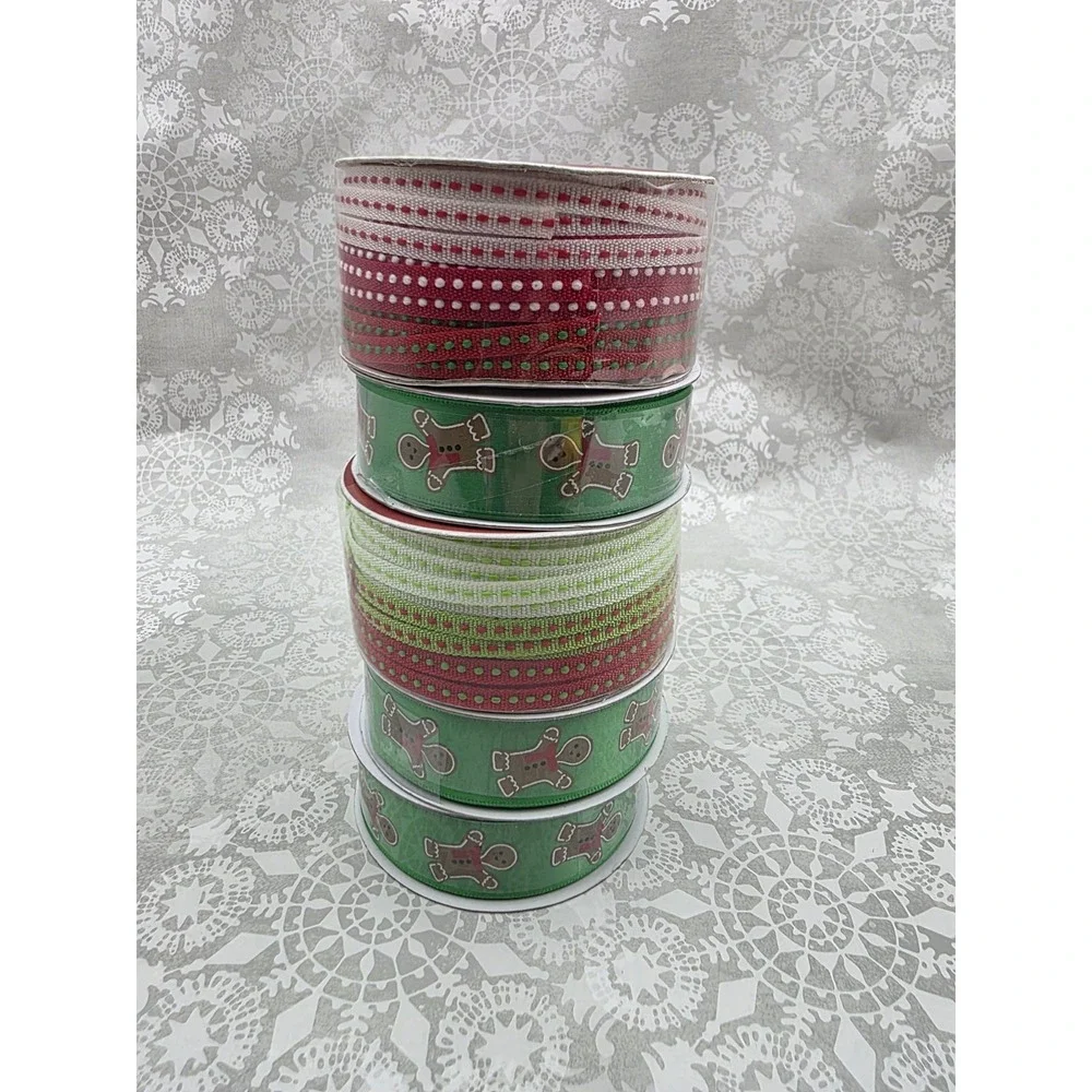 5 New Rolls Christmas Gingerbread Man Ribbon Red‎ Green Wreath Gift Crafting
