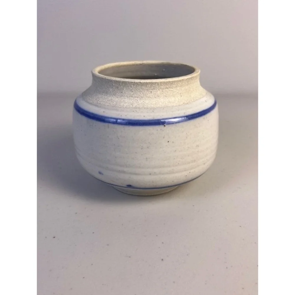 Studio Pottery Signed Small Speckled White Blue Stripe Bud Vase Stoneware 3in