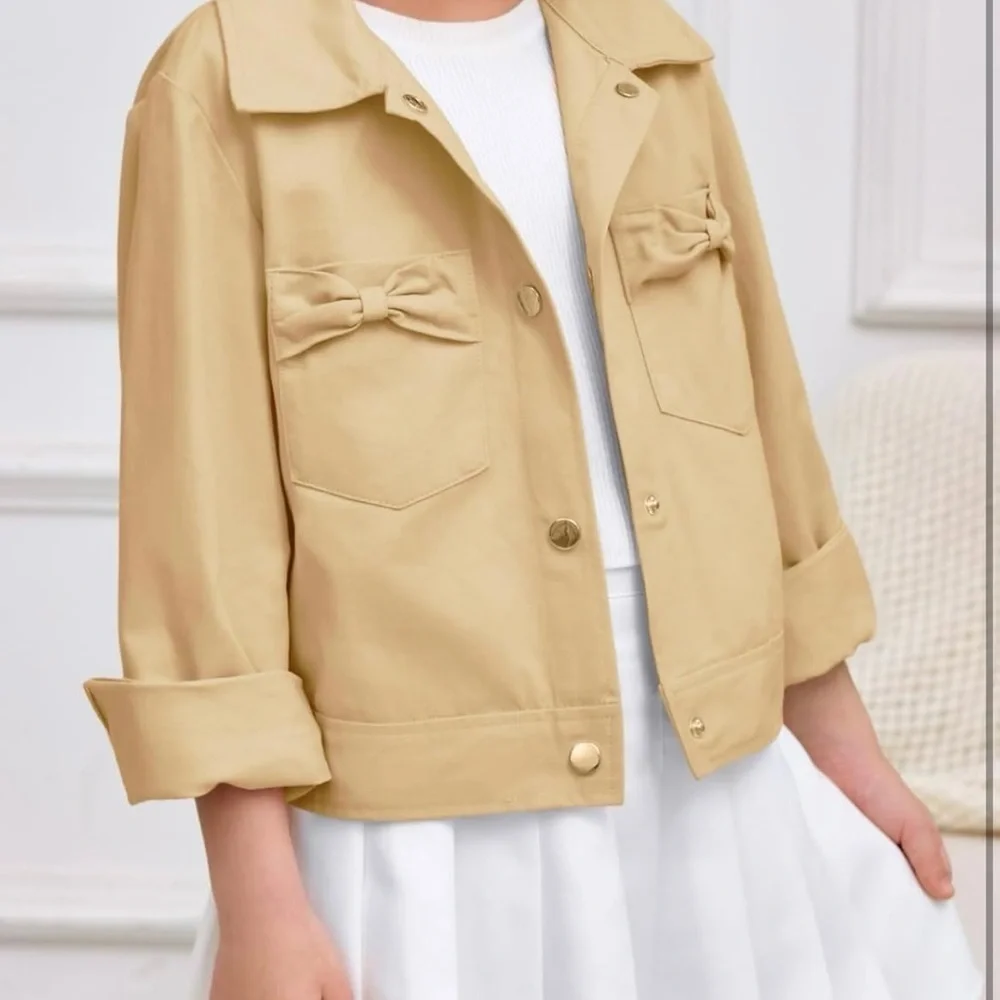 Girls Button Down Crop Jackets Kids Lapel Outerwear Clothes with Chest Pockets