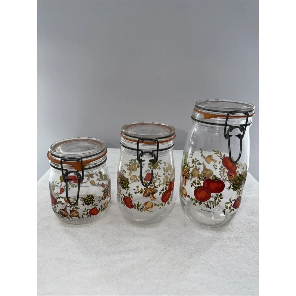 ARC France Vintage Spice Of Life Mushroom Veg Glass Canister Jar Set Of 3 1970s