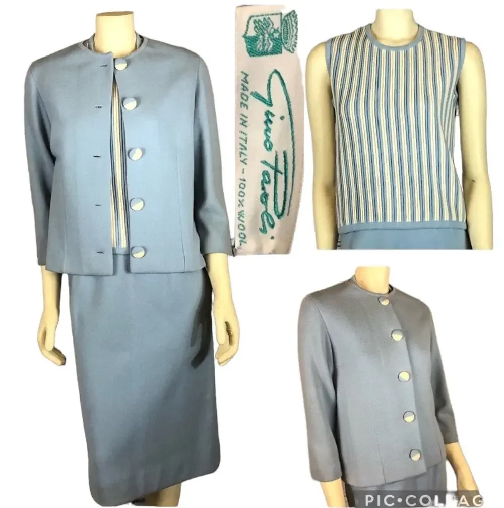 Vintage Gino Paoli 1960s Italian Wool 3-Piece Skirt Suit Set Blue Stripe Top S-M