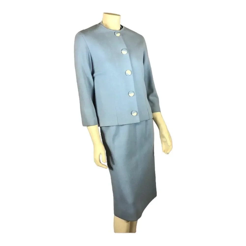 Vintage Gino Paoli 1960s Italian Wool 3-Piece Skirt Suit Set Blue Stripe Top S-M