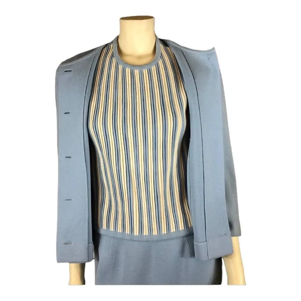 Vintage Gino Paoli 1960s Italian Wool 3-Piece Skirt Suit Set Blue Stripe Top S-M