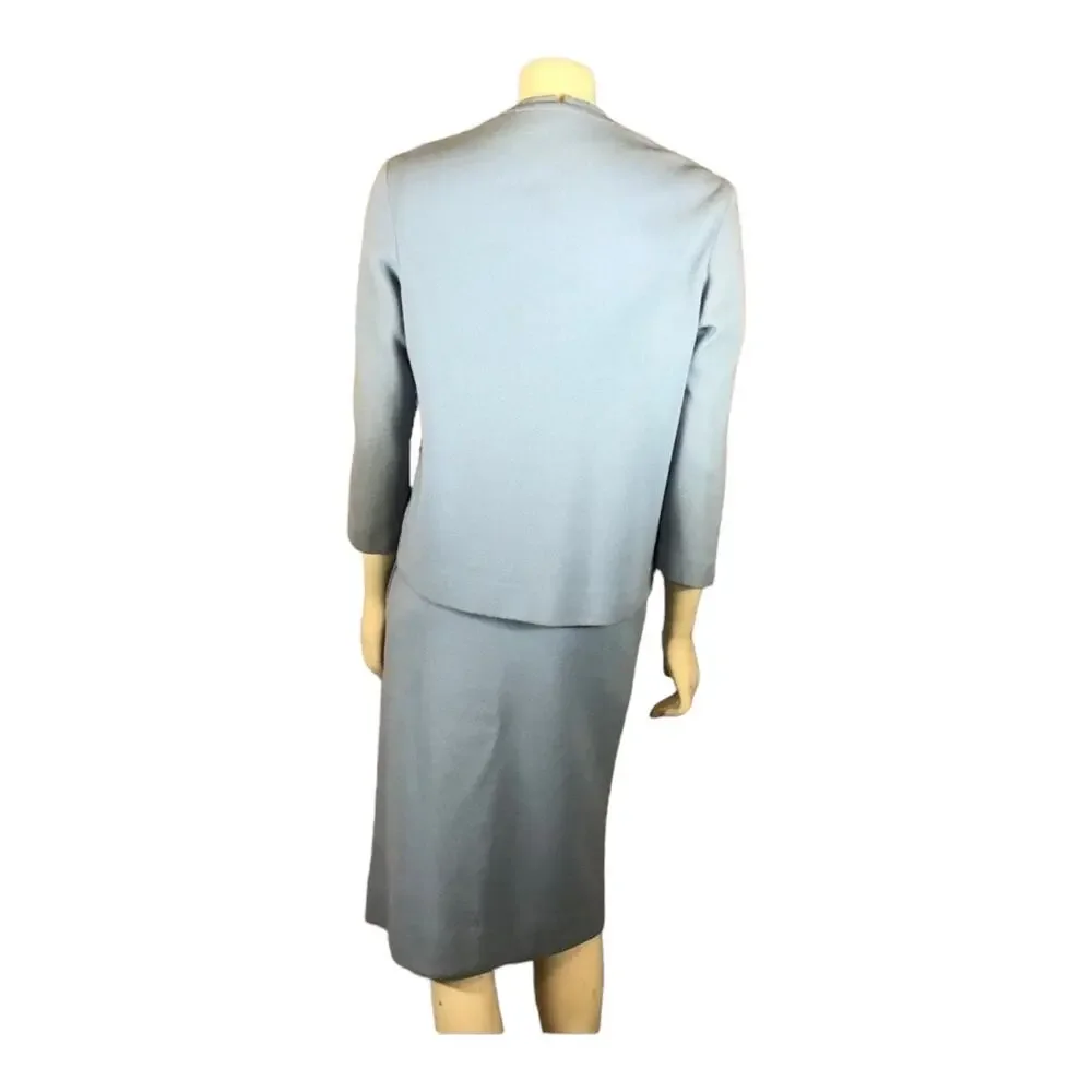 Vintage Gino Paoli 1960s Italian Wool 3-Piece Skirt Suit Set Blue Stripe Top S-M