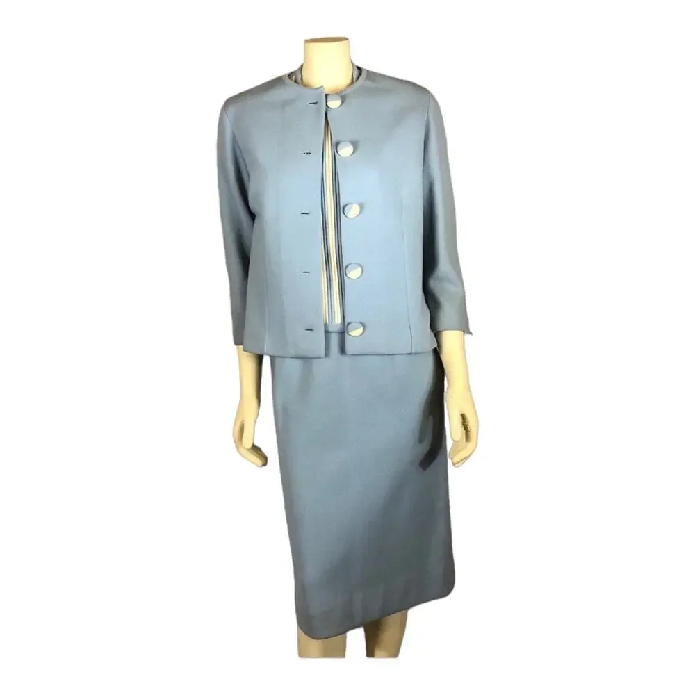 Vintage Gino Paoli 1960s Italian Wool 3-Piece Skirt Suit Set Blue Stripe Top S-M