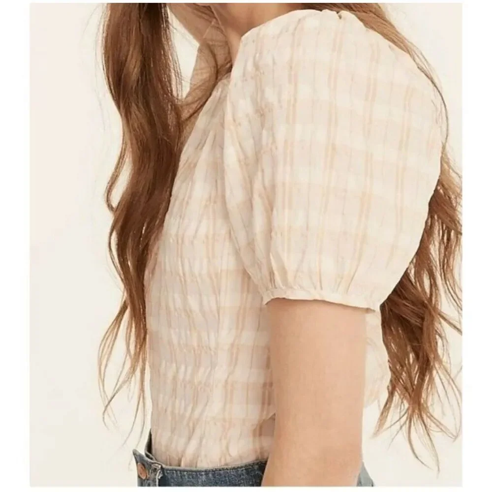 J Crew Women's V Back Puff Sleeve Textured Plaid Top Blouse Size 2 NWOT