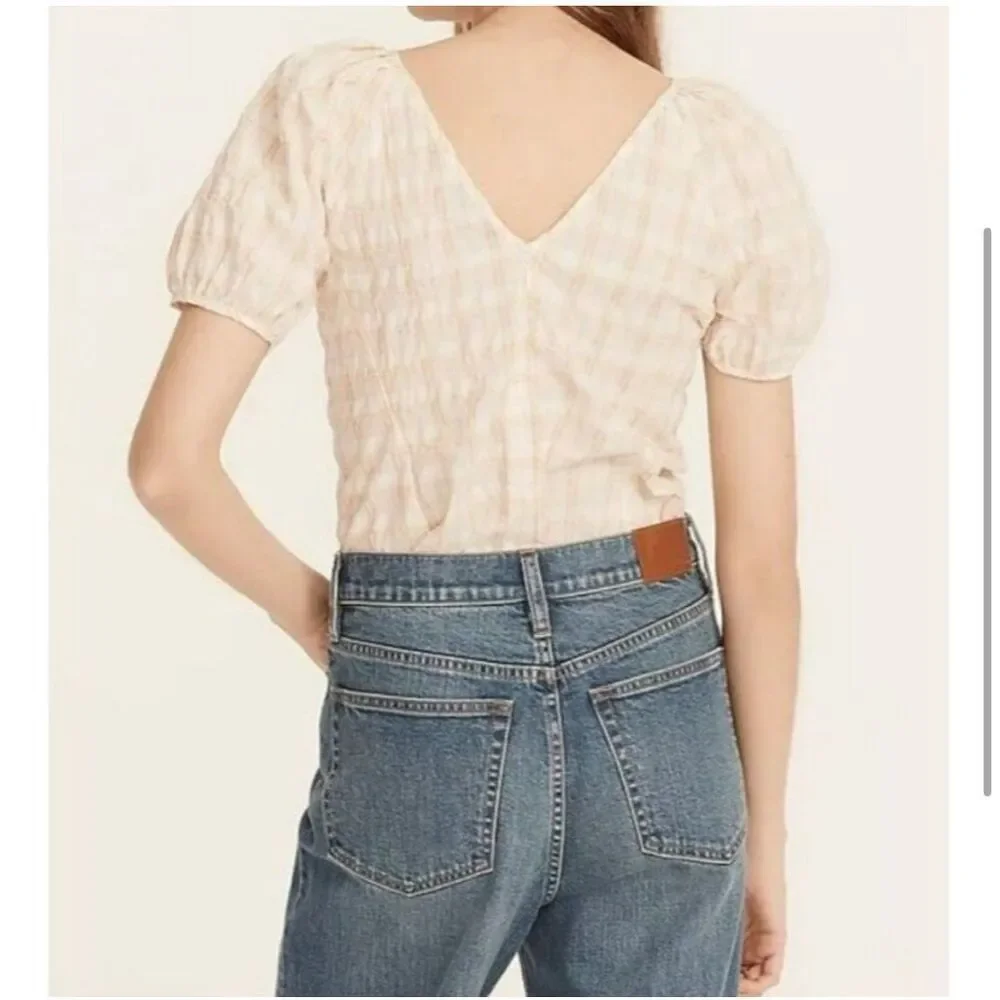 J Crew Women's V Back Puff Sleeve Textured Plaid Top Blouse Size 2 NWOT
