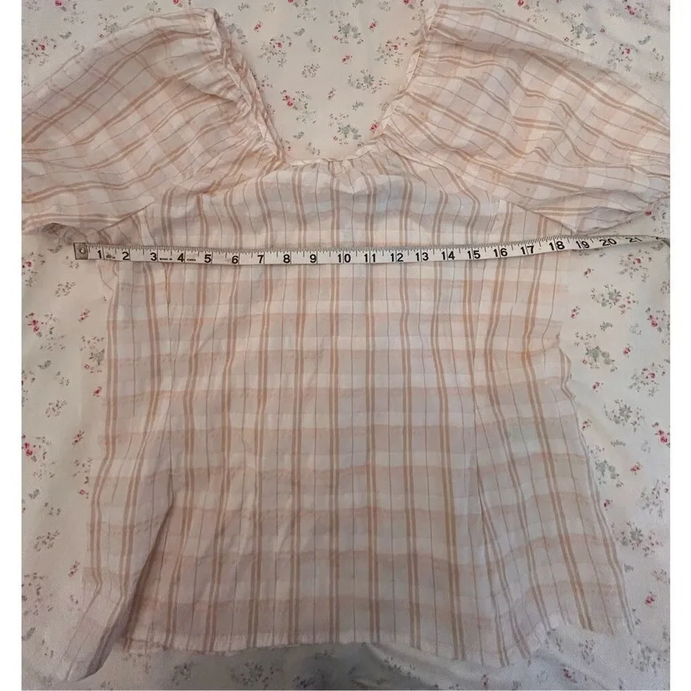 J Crew Women's V Back Puff Sleeve Textured Plaid Top Blouse Size 2 NWOT