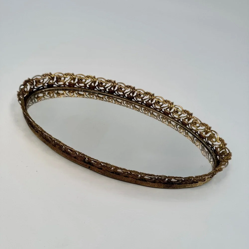 Vintage 50s Oval Gold Gilt Metal Filigree Hollywood Regency Vanity Tray Mirror