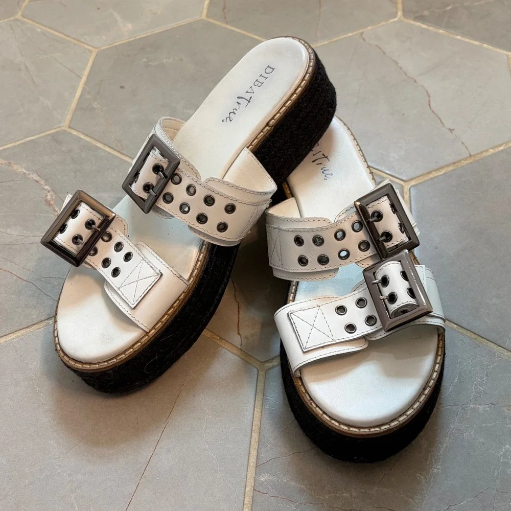 Diba True Derby Shoe White Leather Platform Buckle Slide Sandals Womens 10M 41