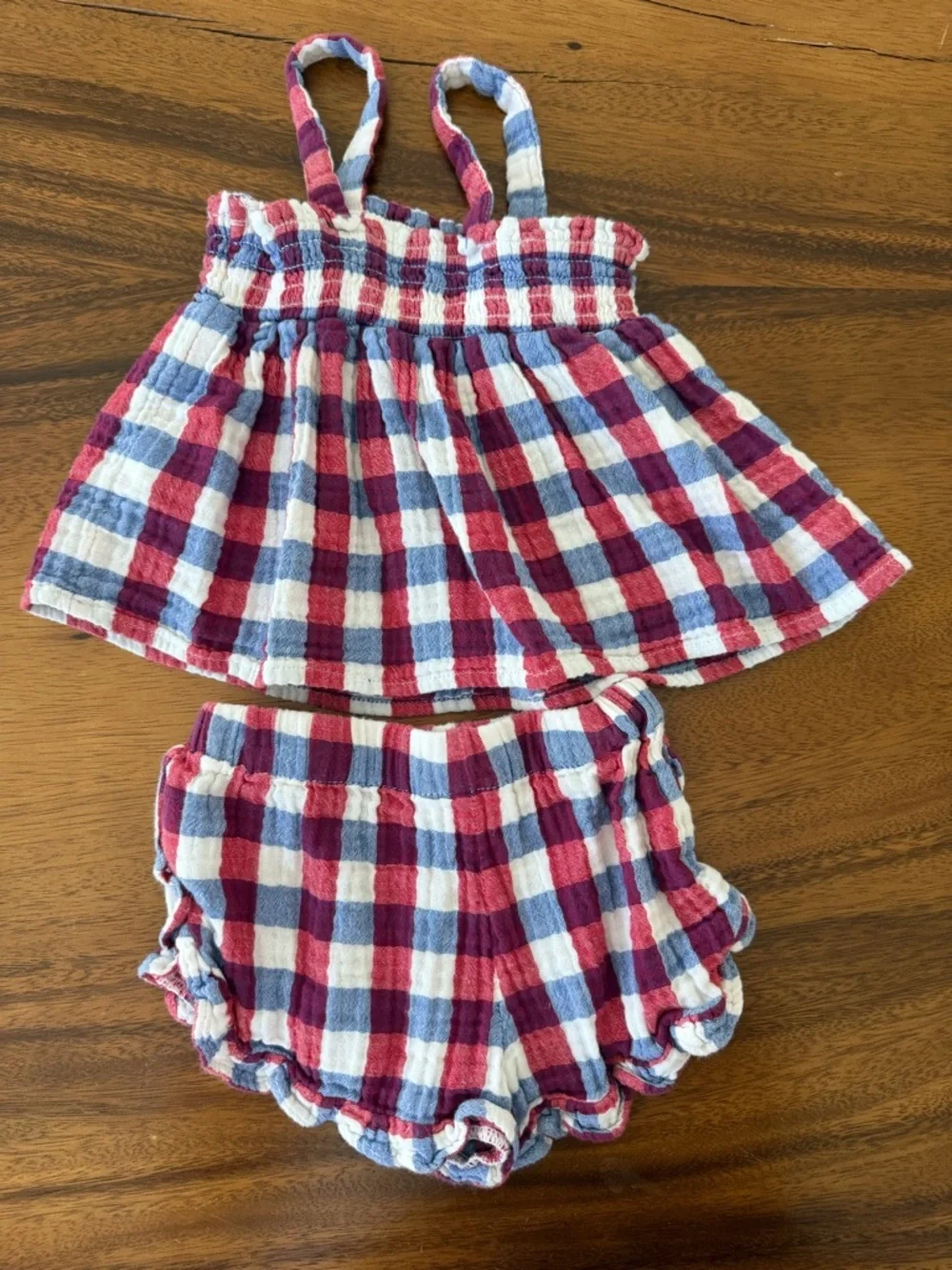 Cat & Jack Girls Red, White & Blue Check Tank Top and Ruffle Shorts Set 12M