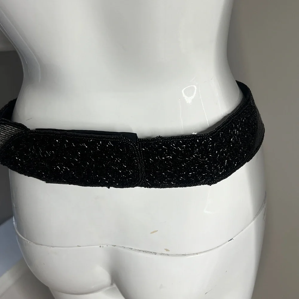 Beaded Sz L Black Silver Bugle Beaded Velcro Adjustable Belt