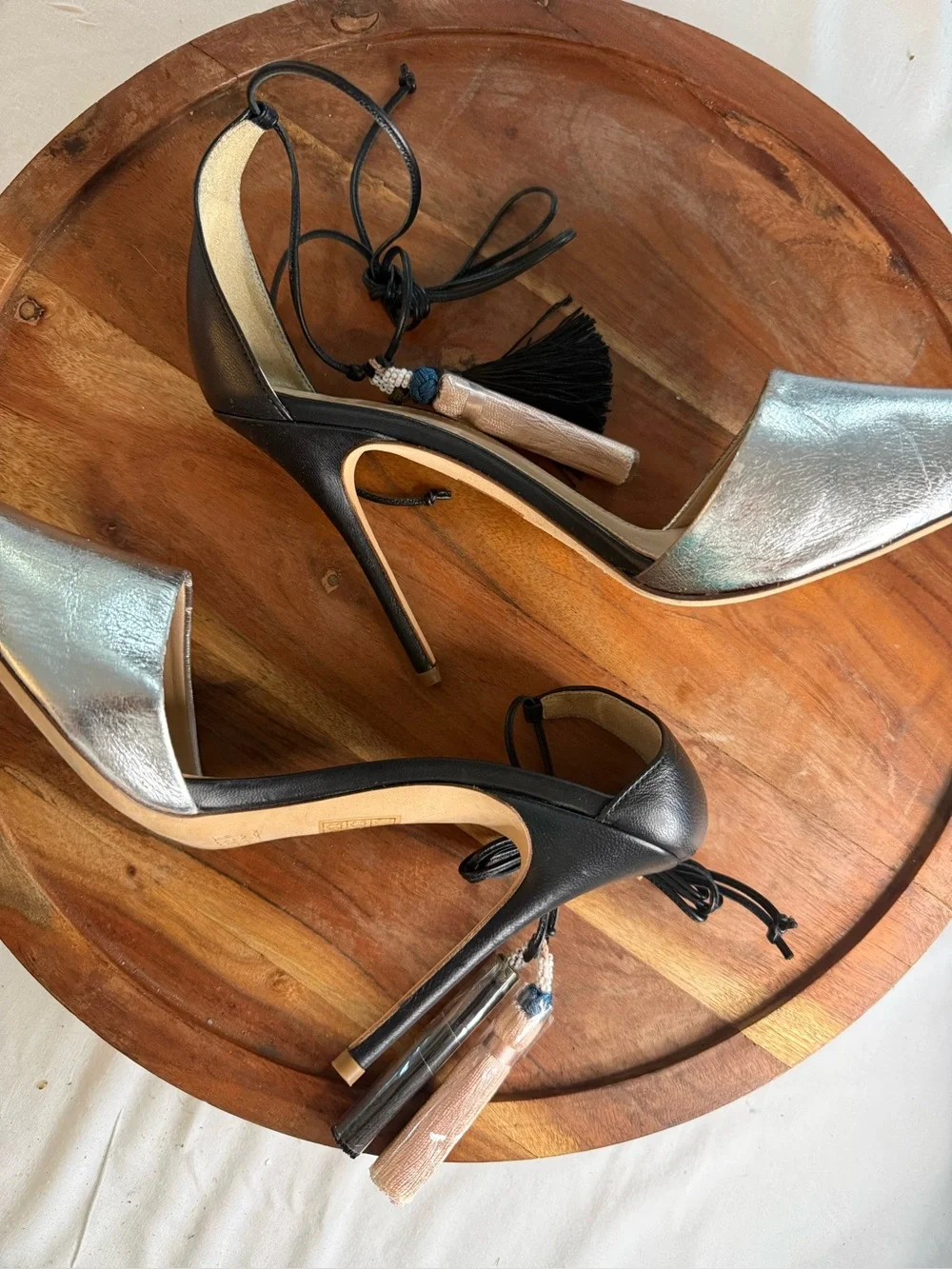J. Crew Silver Pointed D'Orsay Flats with Black Heel and Lace Tie