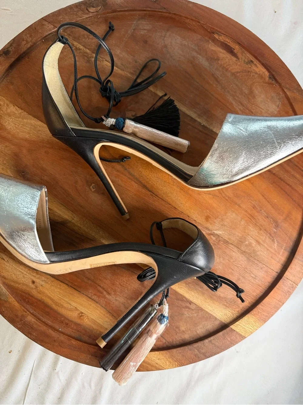J. Crew Silver Pointed D'Orsay Flats with Black Heel and Lace Tie
