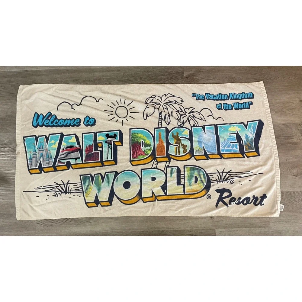 Disney Parks Walt Disney World Resort Beach Towel Cream Graphic 100% Cotton