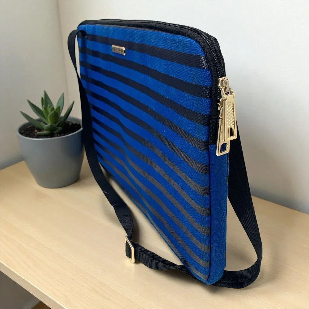 Rebecca Minkoff Blue & Black Striped Laptop Case With Shoulder Strap 14.5x11x1