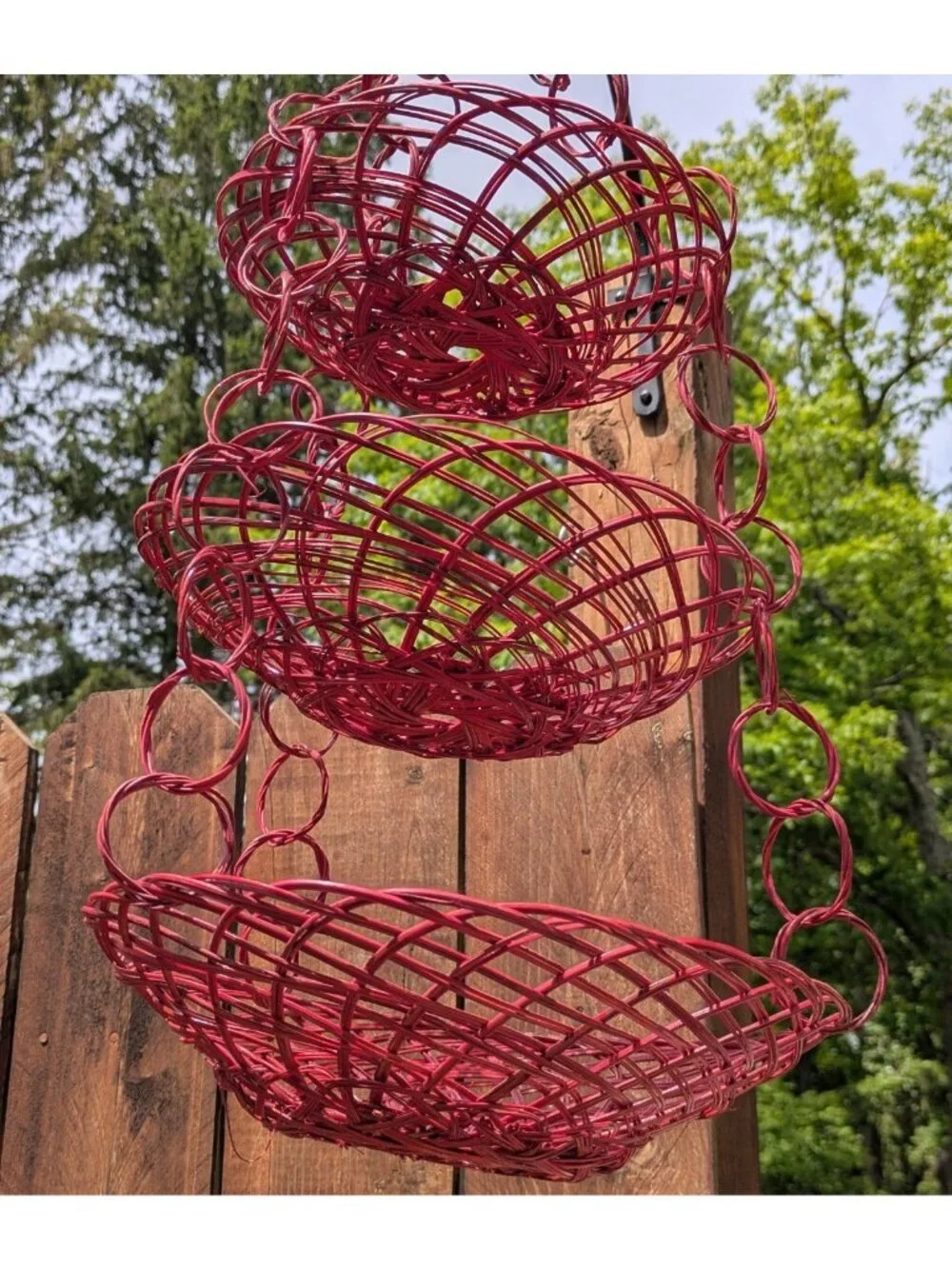 Vintage Red Wicker Hanging Three 3 Tier Basket Boho Plant Fruit 22