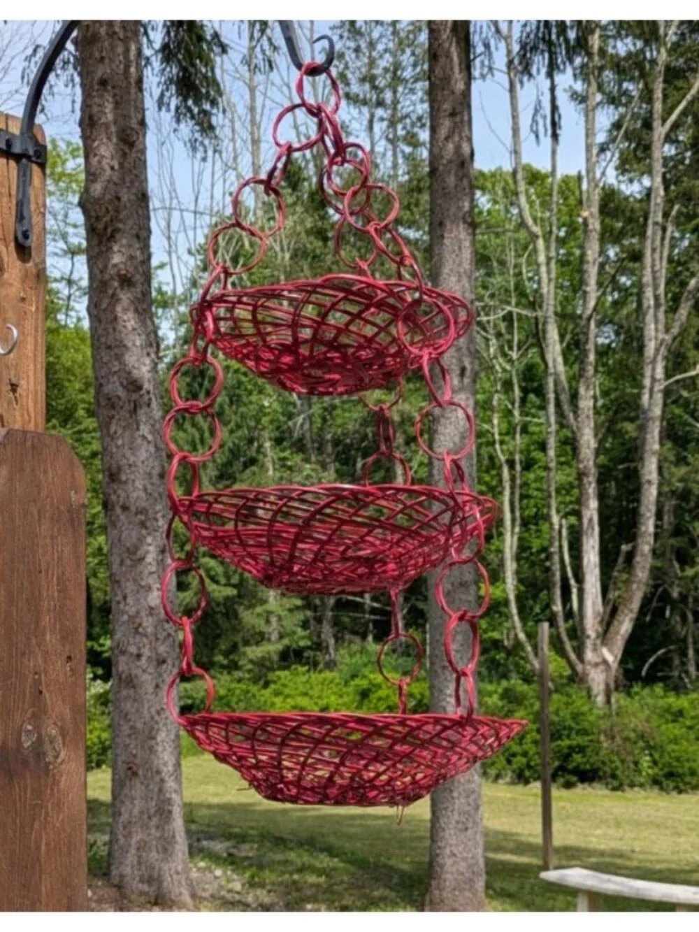 Vintage Red Wicker Hanging Three 3 Tier Basket Boho Plant Fruit 22