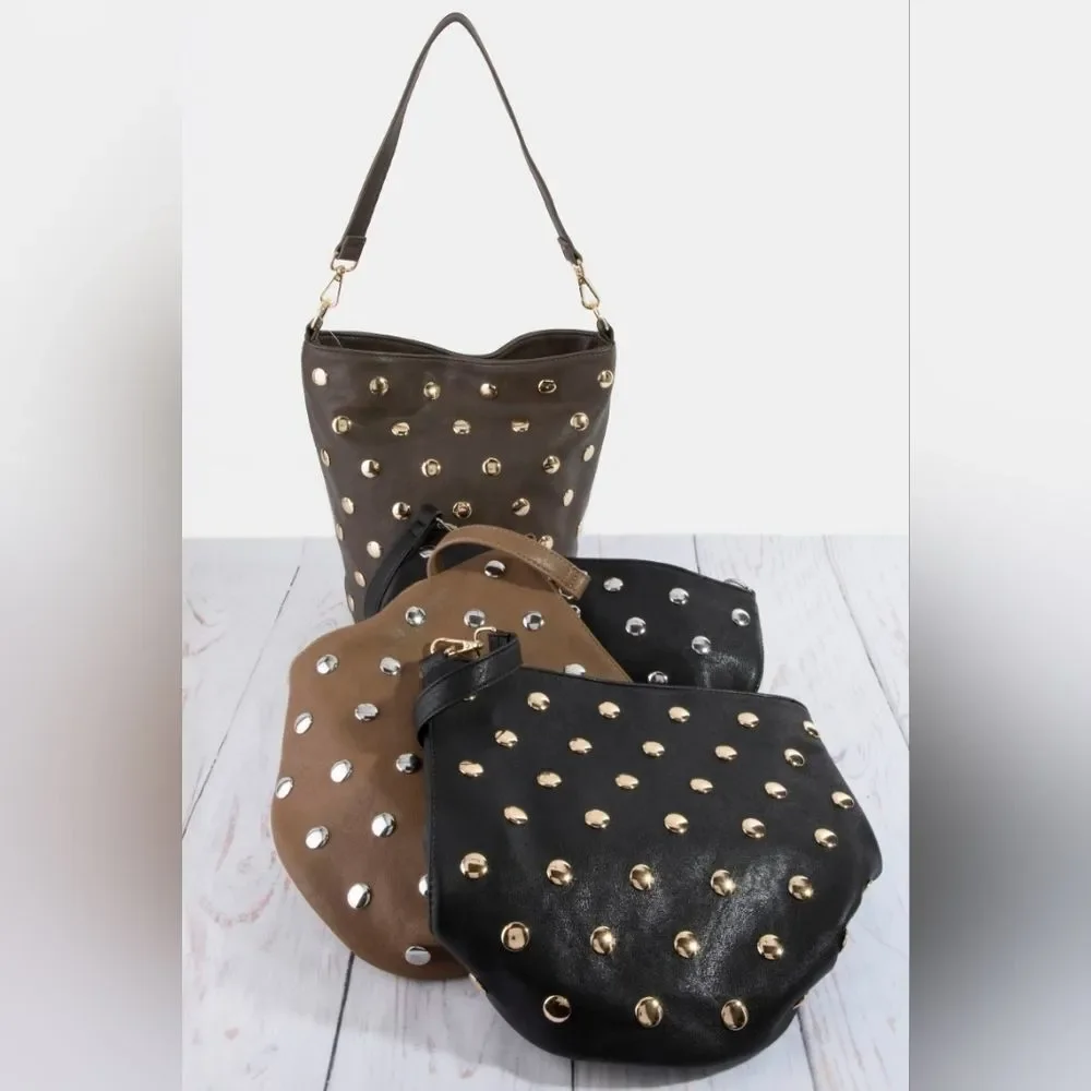 Fame Casual Studded Faux Leather Taupe Or Tan Bucket Bag