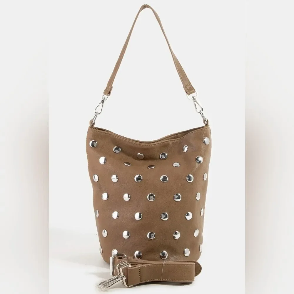 Fame Casual Studded Faux Leather Taupe Or Tan Bucket Bag
