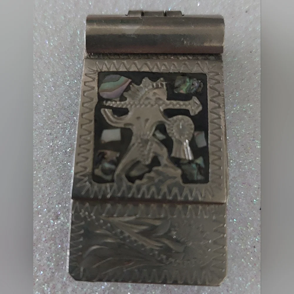 Vintage Alpaca Mexico Silver Engraved Money Clip w/inset Mother-of-Pearl/Abalone