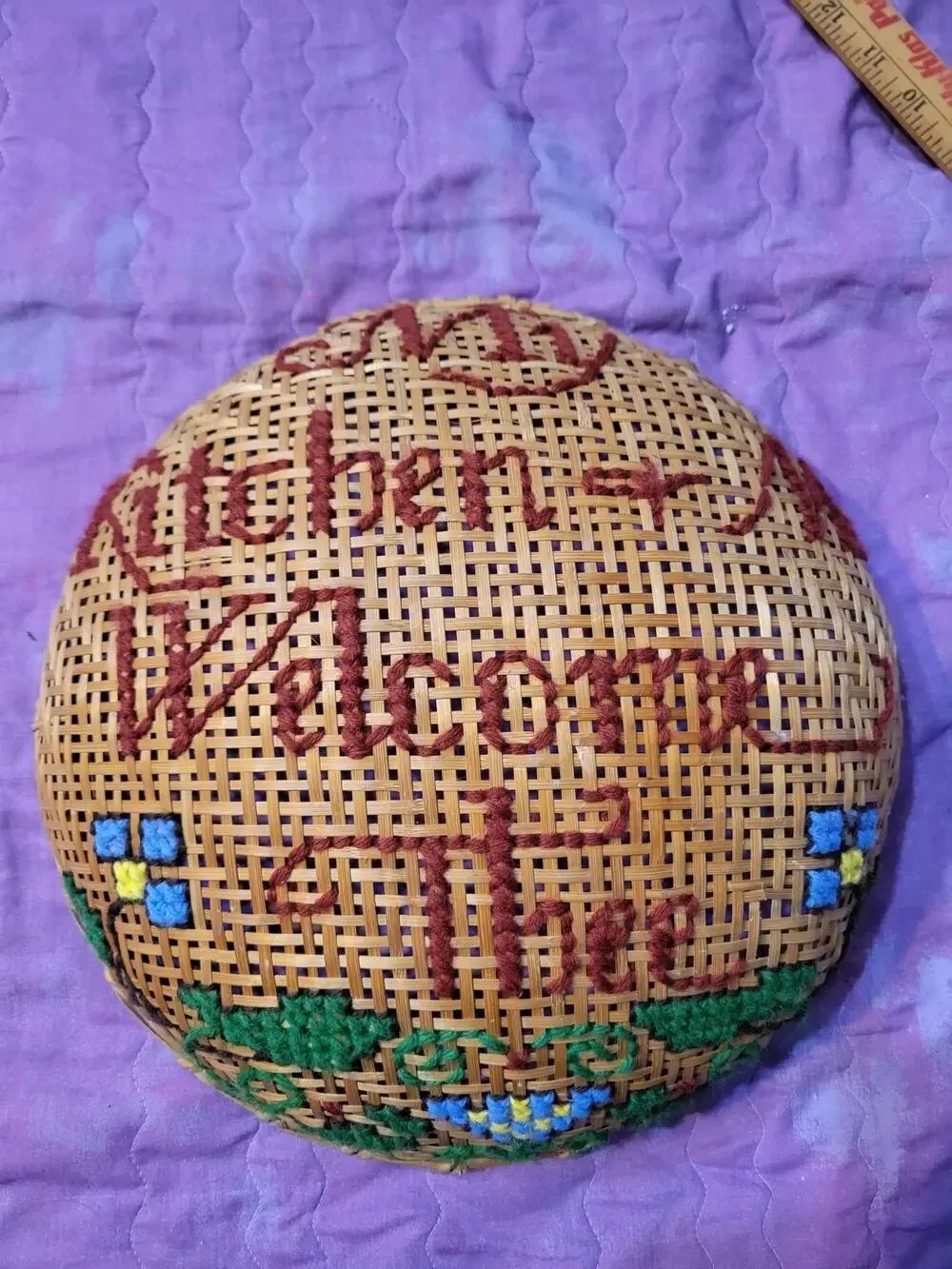 Vintage My Kitchen Welcome Thee Needlepoint Wicker Cane Bowl Decor Basket