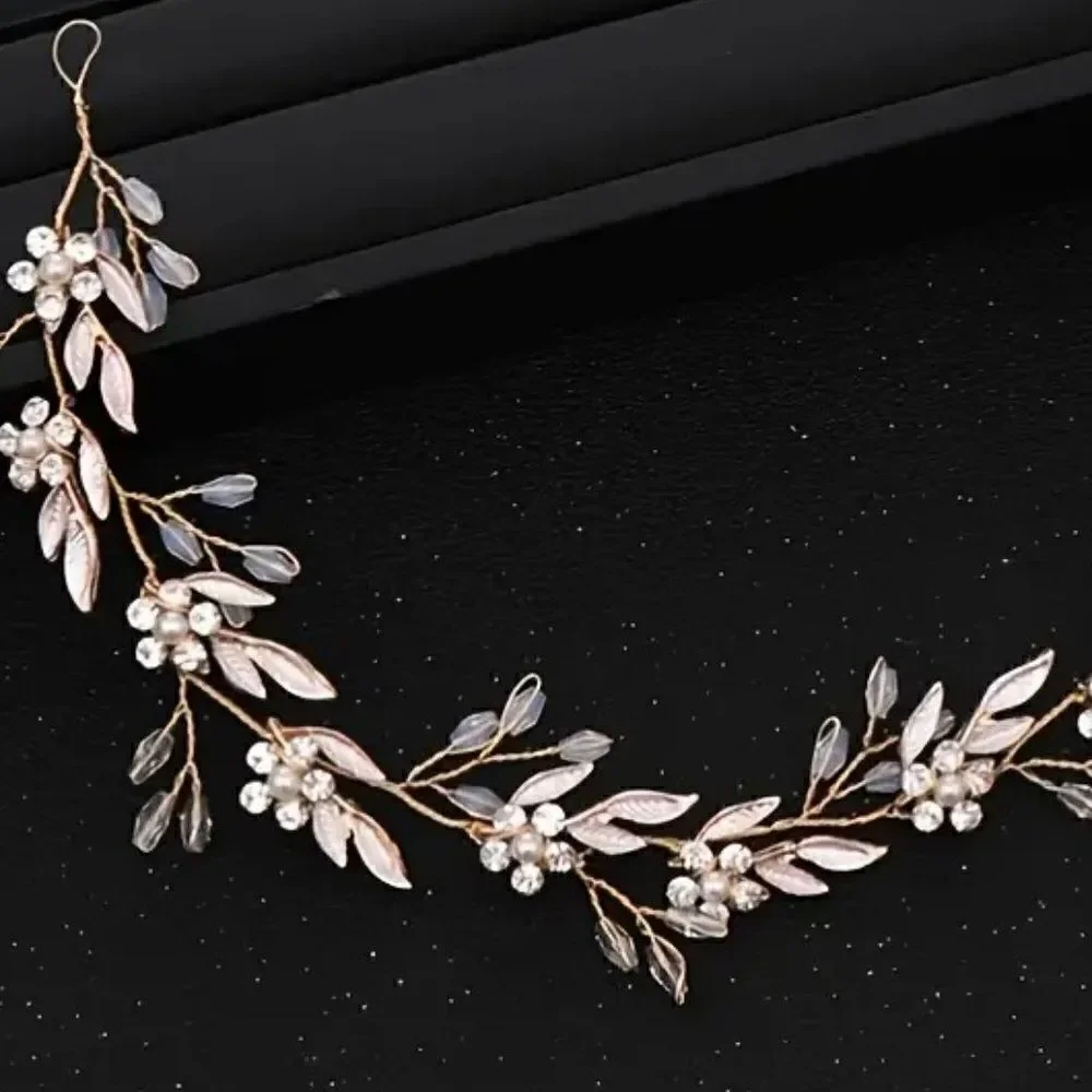 Bridal Floral Pearl and Crystal Hair Vine Wreath Silver or Rose Gold