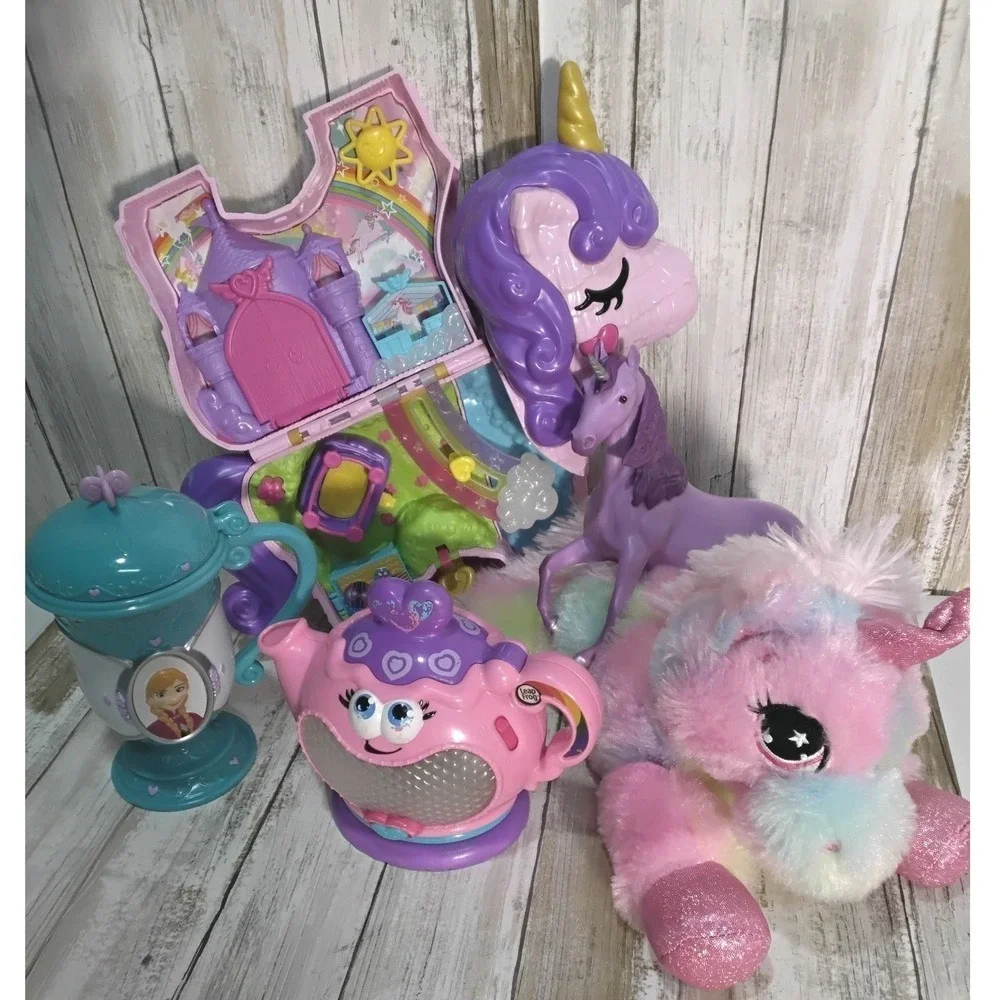 Unicorns Play Tea Set Castle Toy Lot Princess Fairy Magic Rainbow and a plushie