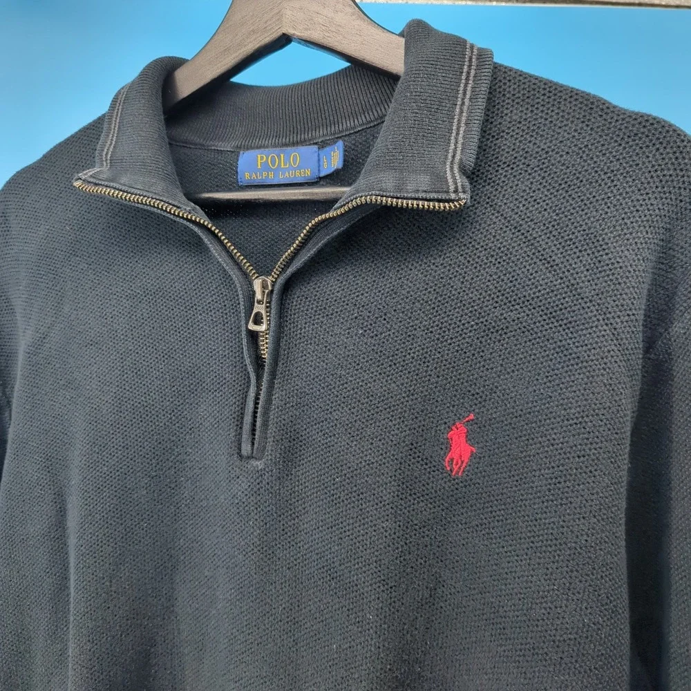 Polo Ralph Lauren Mens Black Pima Cotton Quarter Zip Sweater Large Pony Logo