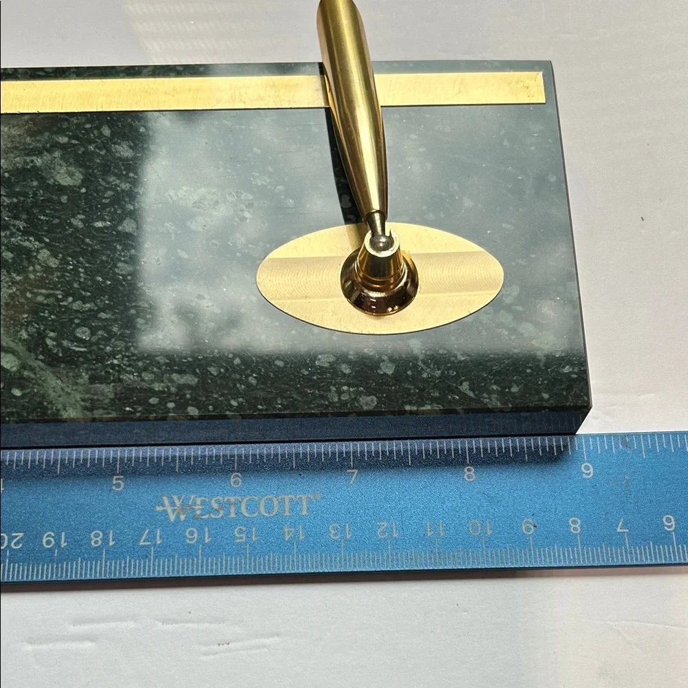 MCM 1960’s Gold Pen Stand Dark Green Marble Dual pen holder Vtg Condition no pen