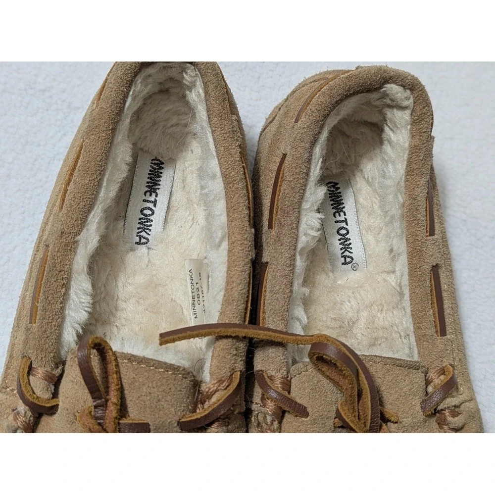 Minnetonka Moccasins Girls Suede Slippers Faux Fur Lined Kids Shoes Sz 12 Youth