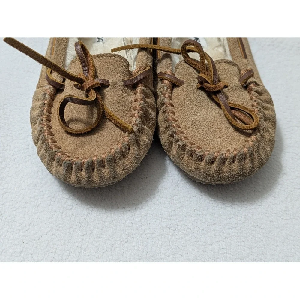 Minnetonka Moccasins Girls Suede Slippers Faux Fur Lined Kids Shoes Sz 12 Youth