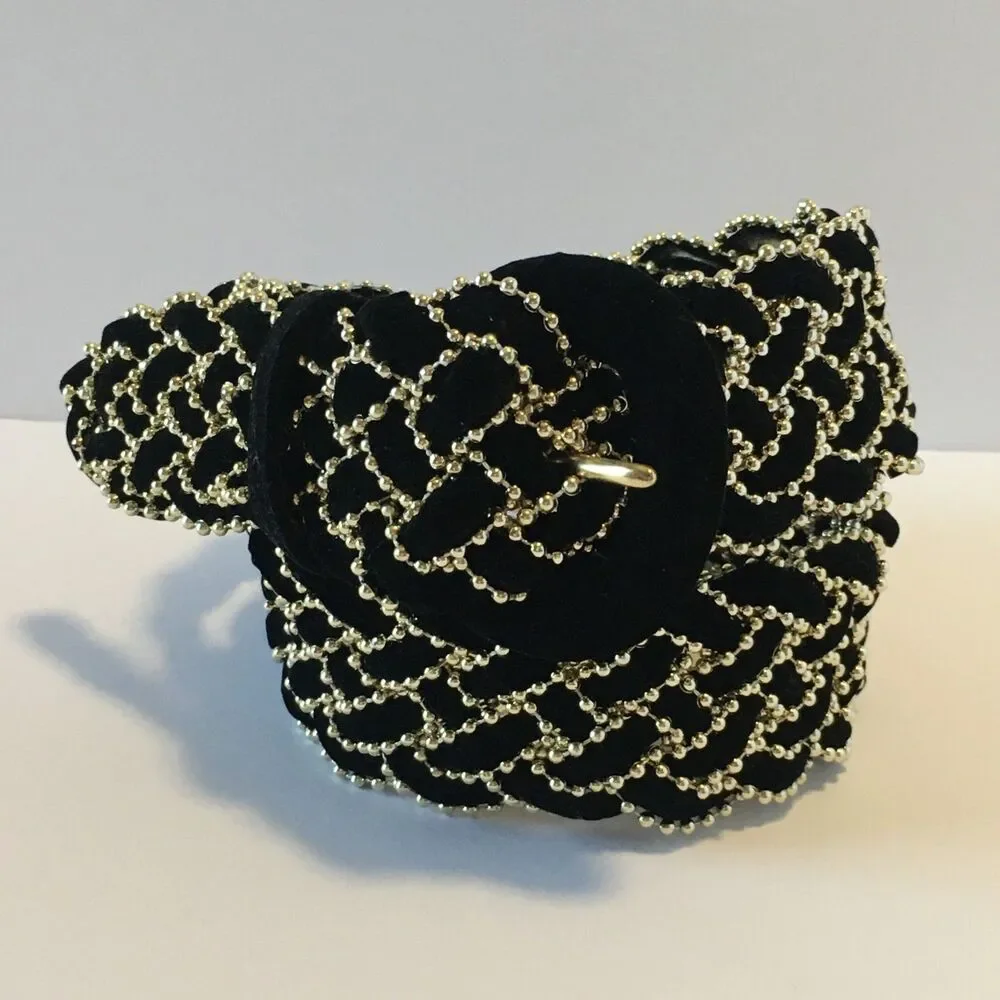 Vintage Amanda Smith Womens Belt Black Felt and Thin Gold Beading Woven Size S/M