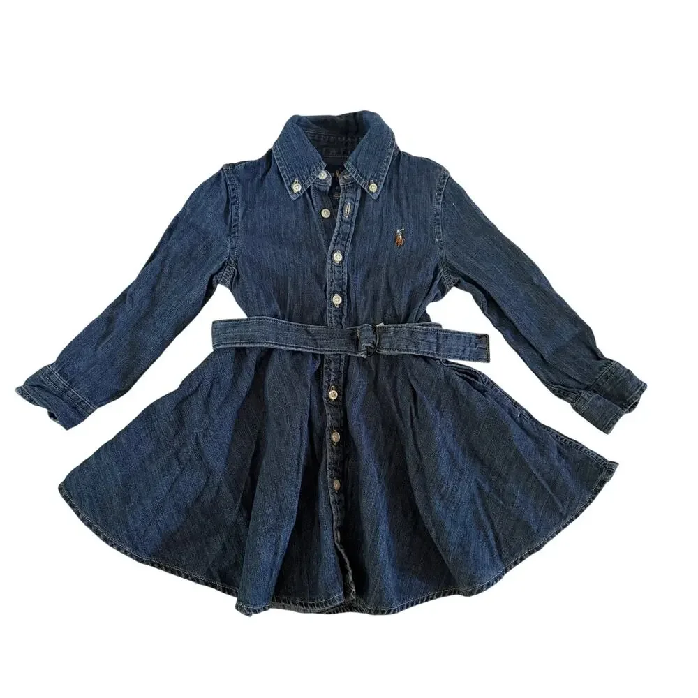 Ralph Lauren Dark Denim Shirt Dress Belt Buttons 2T Preppy
