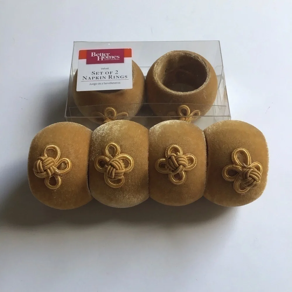 Better Homes & Gardens SET OF 6 Tan Gold Velvet Asian Knot Round Napkin Rings