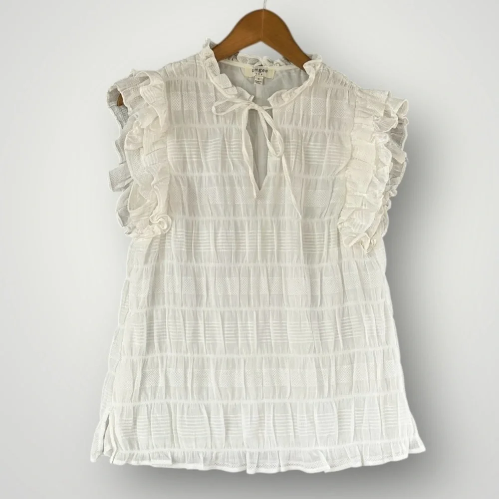 Umgee White Ruffle Sleeve Textured Blouse
